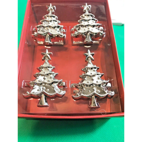 Lenox Set of 4 Holiday Napkin Rings Holiday Noel Silver Christmas Tree - Picture 1 of 4